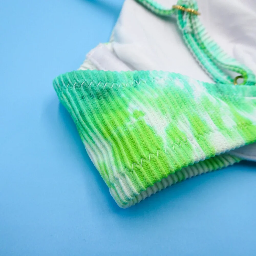 Victorias Secret Green Tie Dye Ribbed Large Underwired‎ Padded Bikini Top VS New